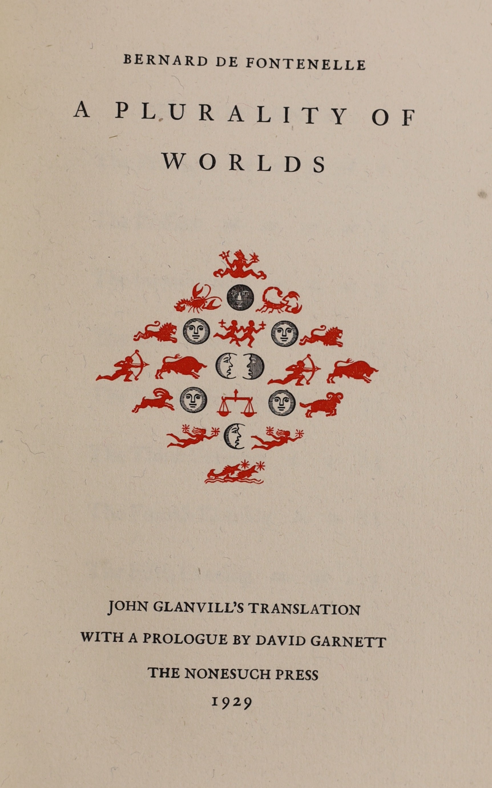 Nonesuch Press - 2 works - Fontelle, Bernard de - A Plurality of Worlds - John Glanvill’s Translation, one of 1600, 8vo, original vellum, with gilt titles, London 1929, with slip case and Beedome, Thomas - Select Poems D